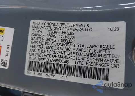 2024 Honda Civic Sport z USA, uszkodzony, nr VIN 19XFL2H85RE006968